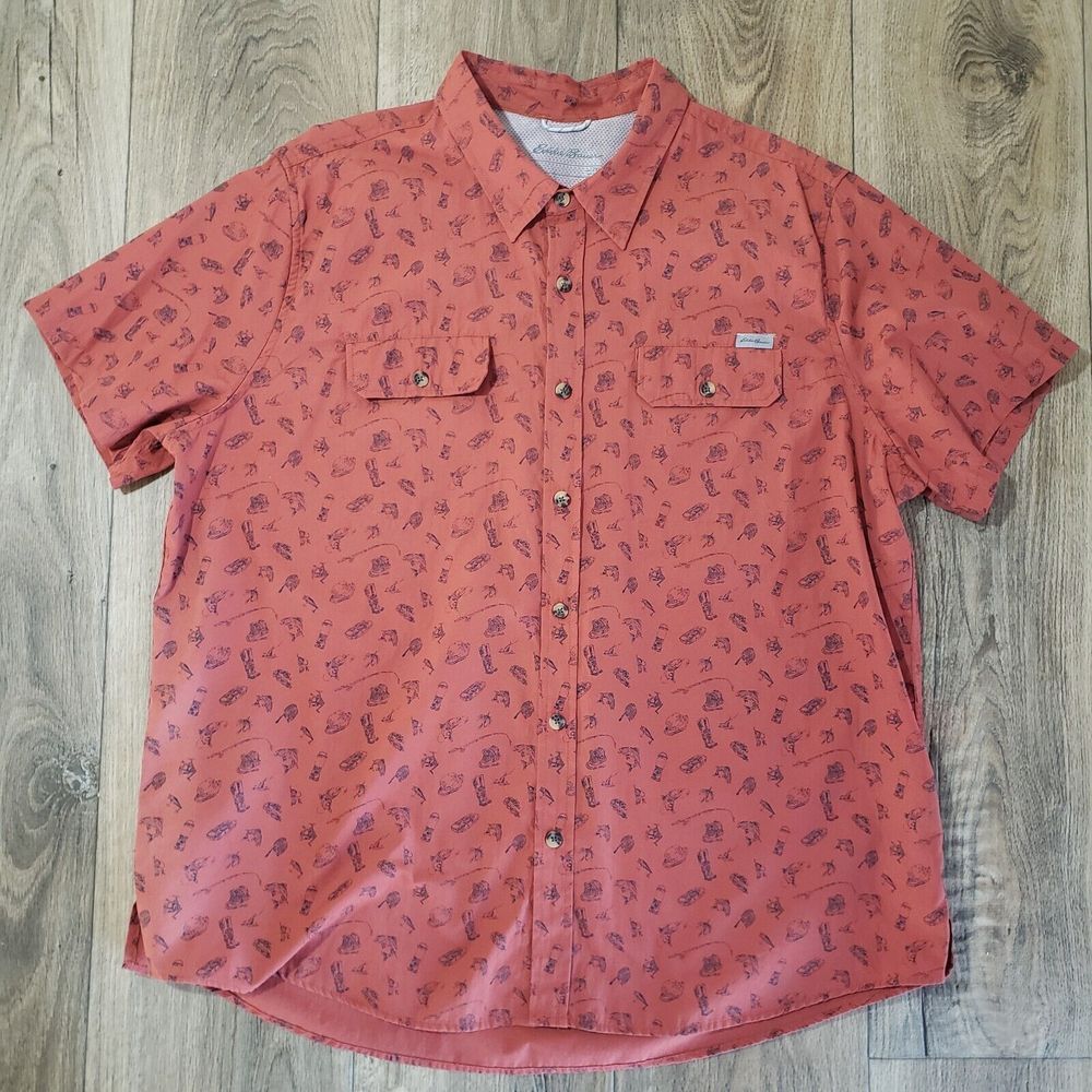 Eddie Bauer Mens 2XL Burnt Orange Short Sleeve Button Up All Over Print Fishing